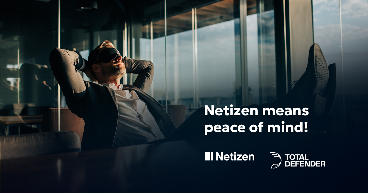 Business executive relaxing in an office, symbolizing calm, trust and peace of mind enabled by Netizen’s Total Defender security technology.